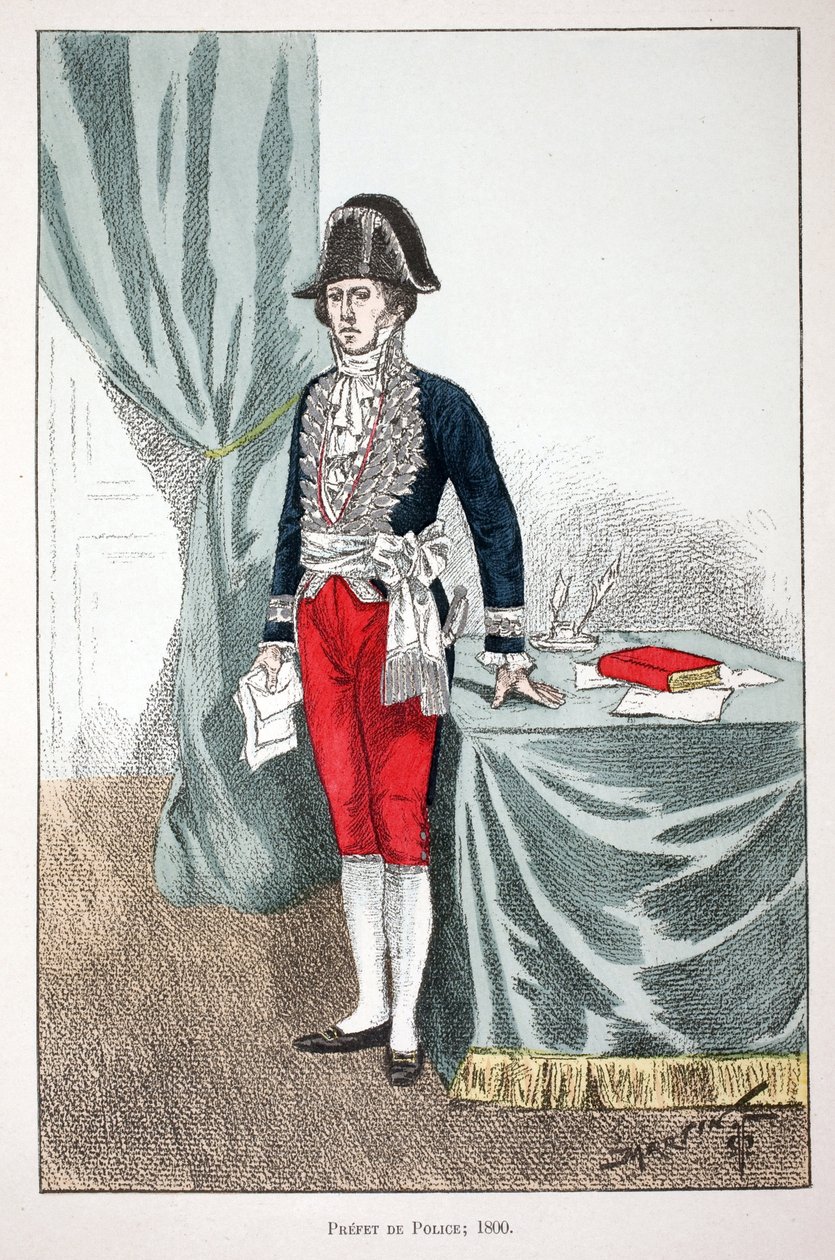 شرطة Prefet (1800). النقش بالألوان ، للتوضيح ، كتاب "Histoire du corps des gardiens de la paix" "" الذي نُشر تحت رعاية حاكم شرطة نهر السين لويس ليبين (1846-1933) ، بقلم ألفريد ري (1864-؟) ولويس فيرون (1862-؟) ، إيدي بواسطة فنان غير معروف
