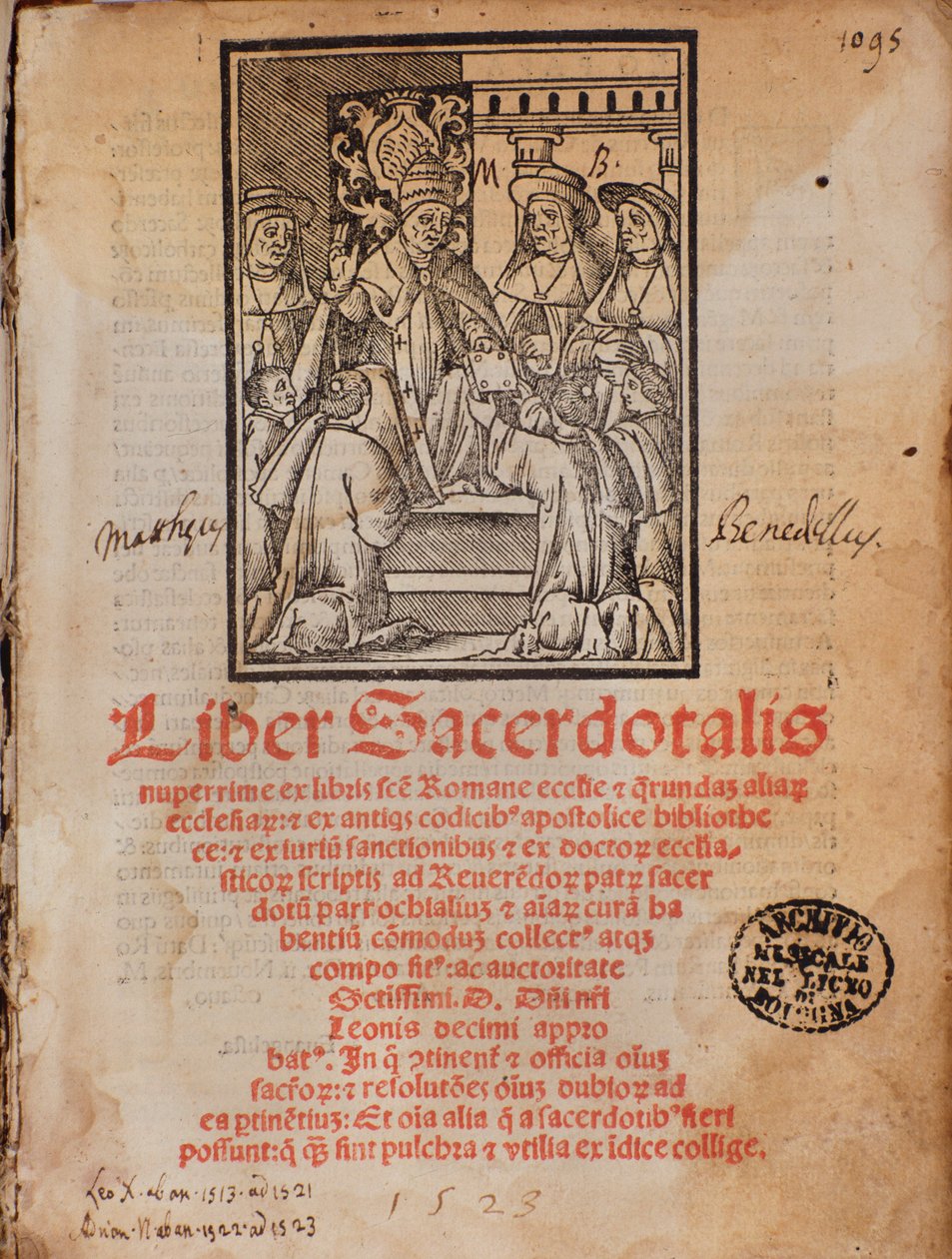 تسلم البابا ليون العاشر كتاب Frontispice of the liturgy Book "Liber Sacerdotalis" لكاستيليني بواسطة فنان غير معروف