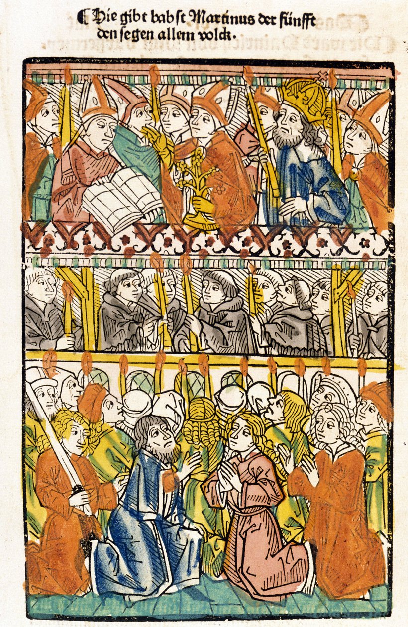 انتخب البابا مارتن الخامس (1368 - 1431) في مجلس كونستانس (1417) بإنهاء الانقسام الكبير في الغرب ينفذ البركة. "مجمع داس" بواسطة فنان غير معروف