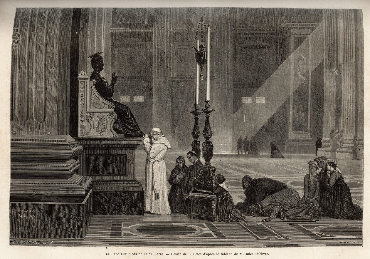 Pope Pius IX (pio 9) (1792-1878) collected at the foot of the statue of St. Peter, at the entrance of the Basilica, in the Vatican. Engraving to illustrate the Rome story, by Francis Wey, in 1864-1868, published in “” le tour du monde””, edited by D