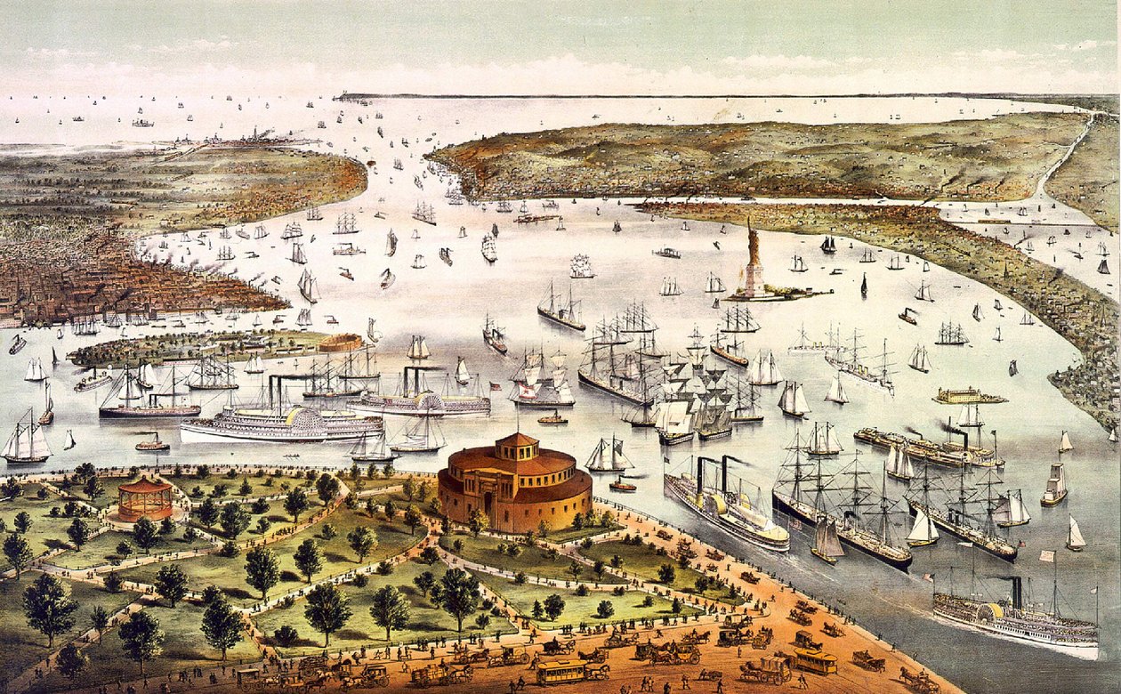 ميناء نيويورك؛ رؤية جوية. نقش v.1892. بواسطة فنان غير معروف