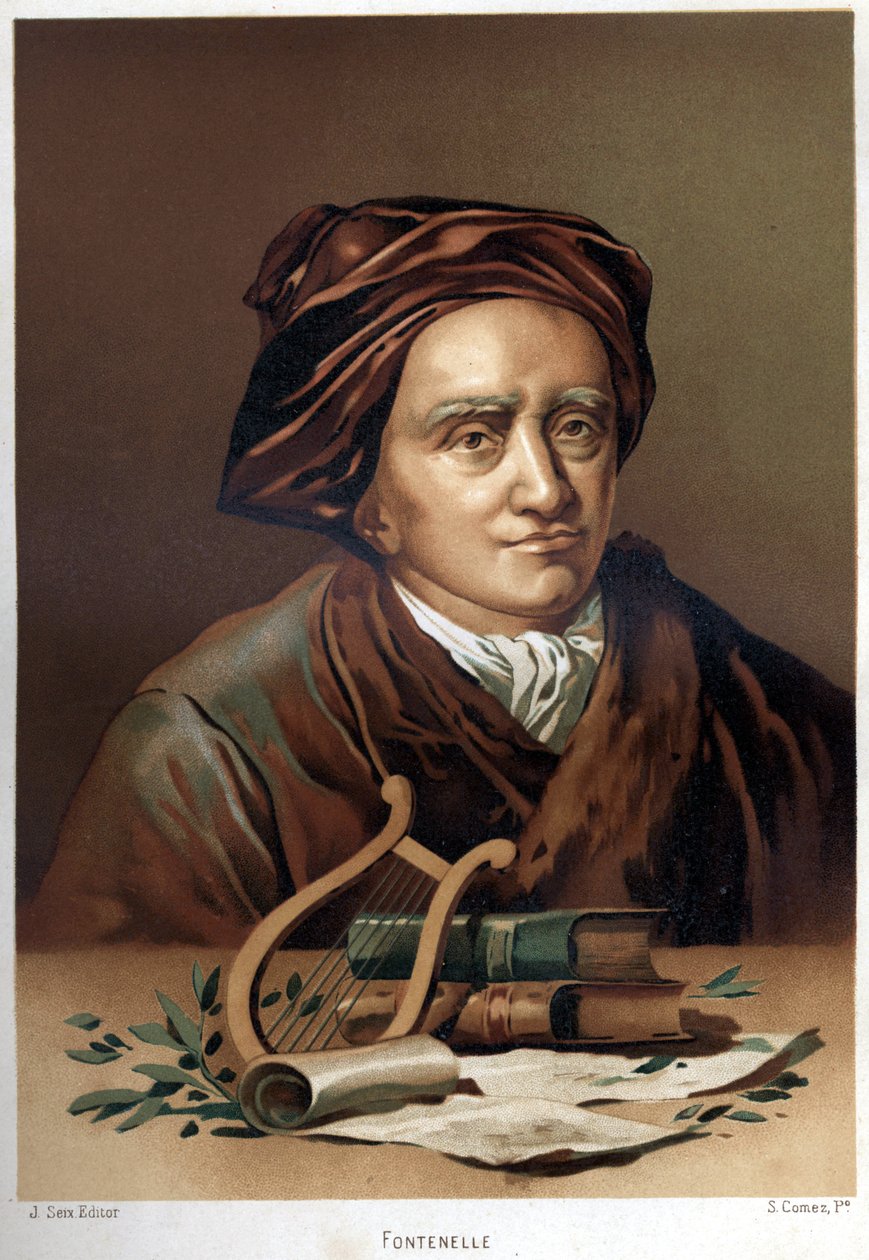 صورة برنار لو بوييه (لو بوفير) بواسطة فونتينيل (1657-1757). الطباعة الحجرية الملونة في نهاية القرن التاسع عشر. بناء على "La Ciencia y sus Hombres" "للويس فيغير. برشلونة 1881 بواسطة فنان غير معروف