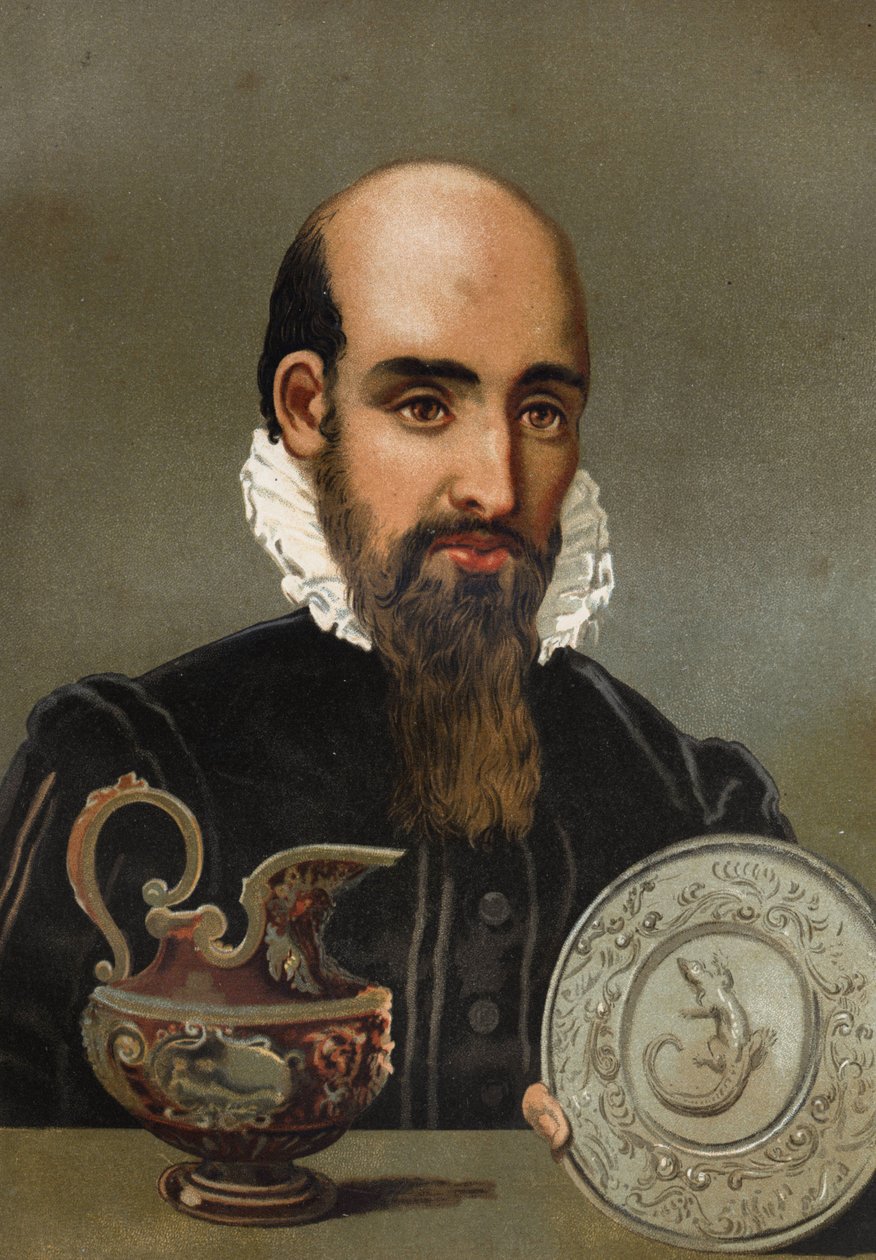 صورة برنارد باليسي (1510 - 1589). الطباعة الحجرية الملونة في نهاية القرن التاسع عشر. بناء على "La Ciencia y sus Hombres" "للويس فيغير. برشلونة 1881 بواسطة فنان غير معروف