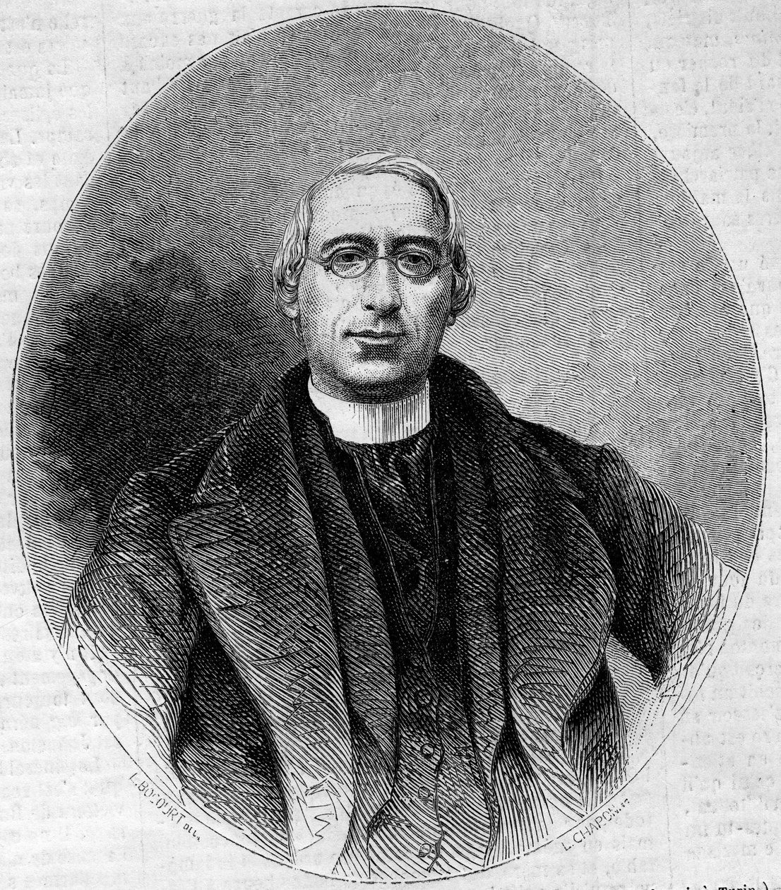 صورة لكارلو باساجليا (1812-1887) ، رجل كنيسة إيطالي ، من أنصار وحدة إيطاليا. نقش في "" Le Monde Illustré "" رقم 240 بتاريخ 16 نوفمبر 1861. بواسطة فنان غير معروف