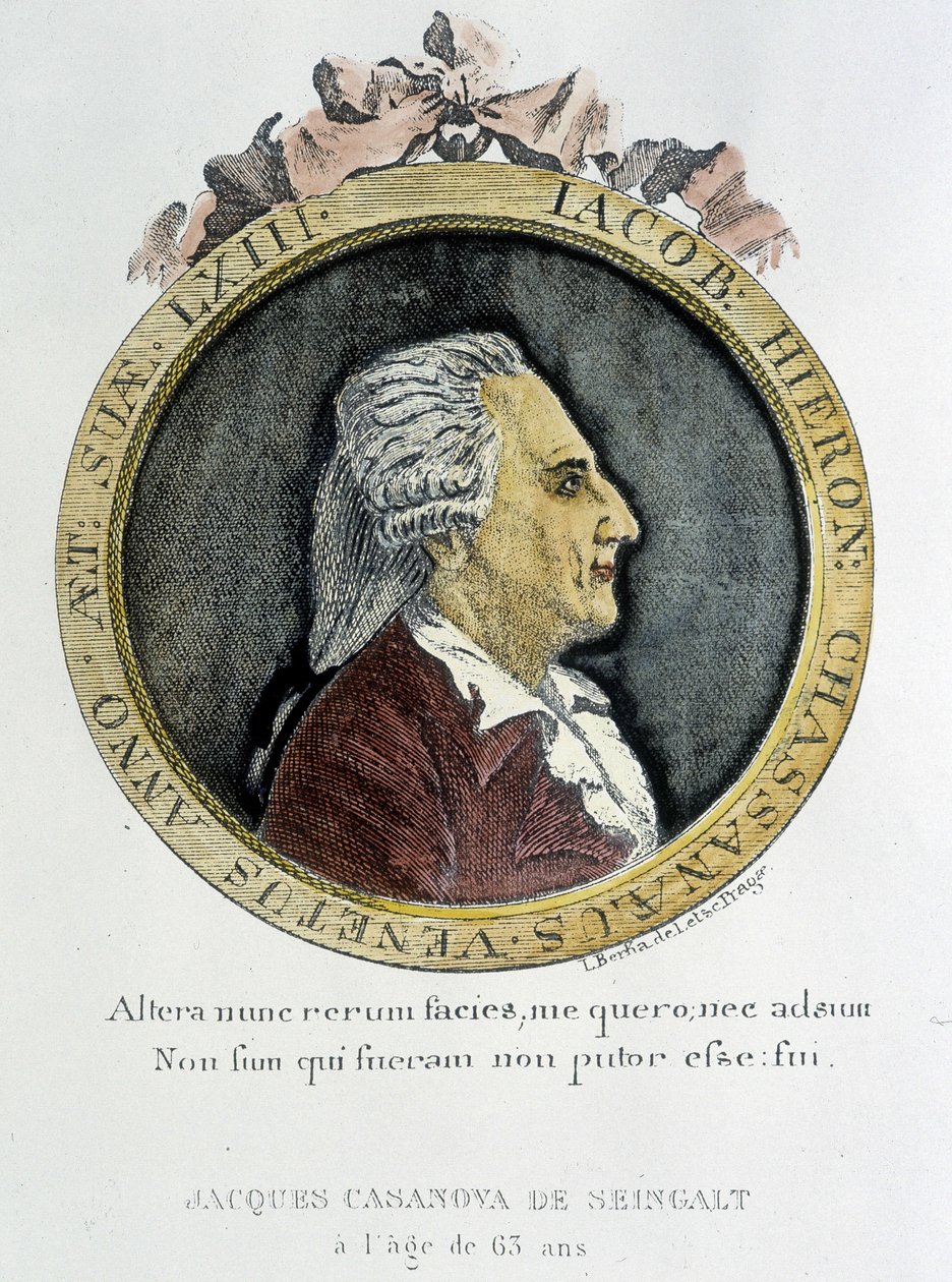 صورة لكازانوفا (1725 - 1798) - صورة في مقدمة الكتاب ، في "" تاريخ هروبي من سجون جمهورية البندقية "" ، كتبت إلى دوكس في بوهيميا بواسطة فنان غير معروف
