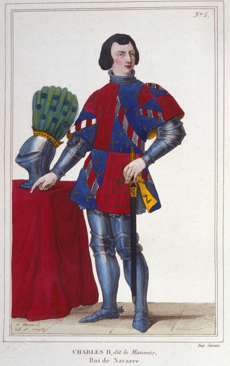 صورة لتشارلز الثاني الشر (1332 - 1387). ملك نافارا - أسبانيا من عام 1349 إلى عام 1387. نقش من عام 1830 بواسطة فنان غير معروف