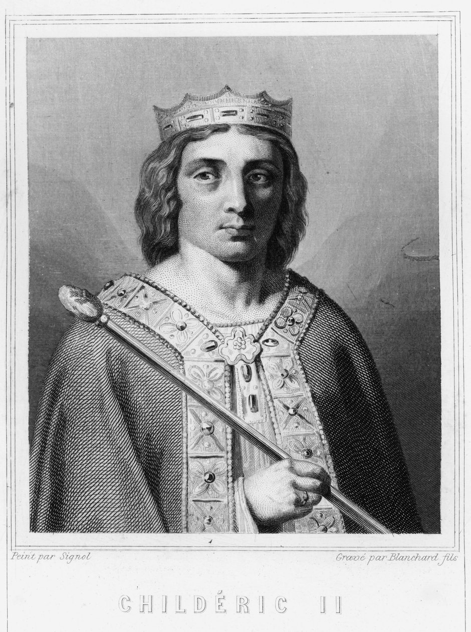 صورة لشيلديك الثاني (ضد 653 - 675) ، ملك أوستراسيا - في "Histoire des Français" للافالي ، نقش ، بدون تاريخ. بواسطة فنان غير معروف