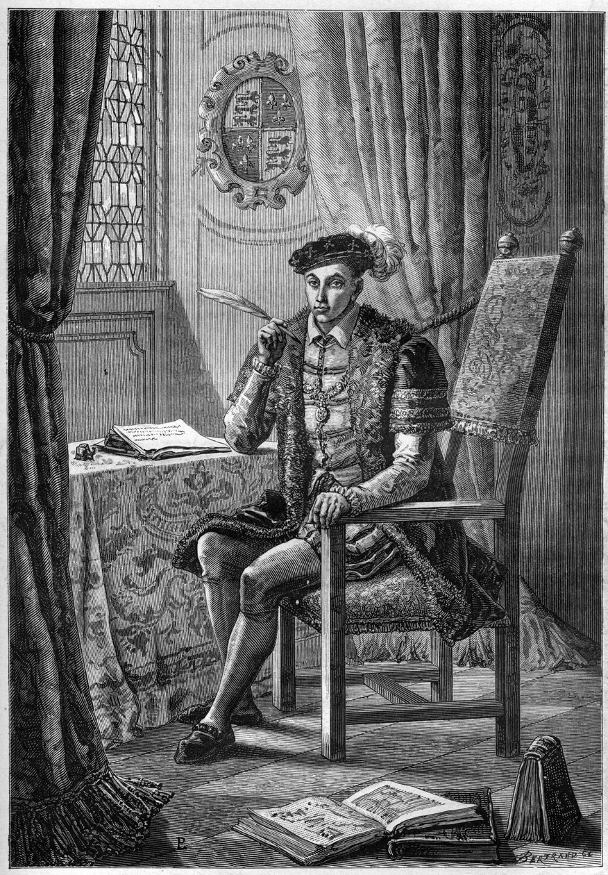 صورة لإدوارد السادس (1537-53) - صورة للملك إدوارد السادس ملك إنجلترا وأيرلندا (1537-1553) يكتب مذكراته - نقش في "تاريخ إنجلترا منذ العصور الأولى" بقلم فرانسوا جيزو 1877 بواسطة فنان غير معروف