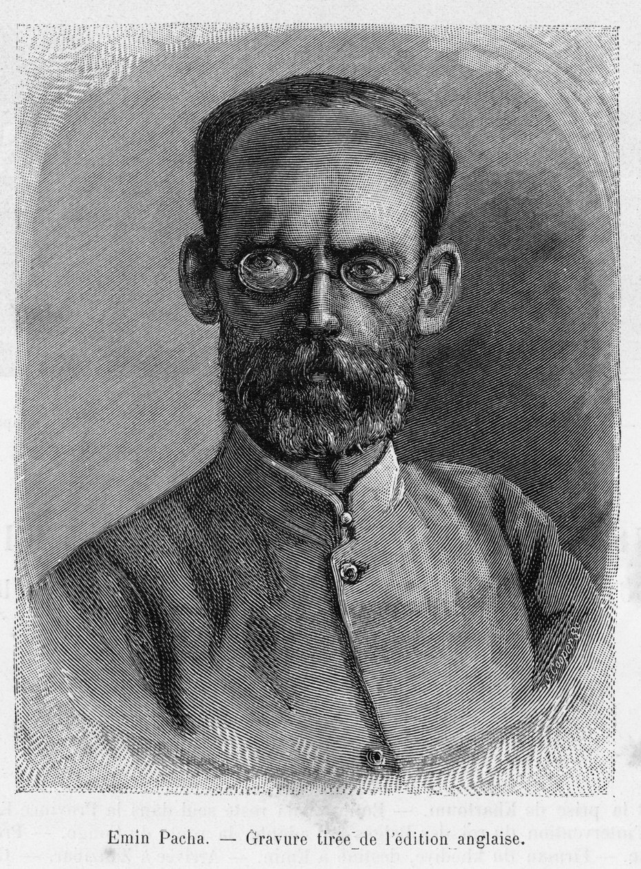 صورة لأمين باشا (إسحاق إدوارد شنيتسر 1840-1892) ، طبيب وعالم طبيعة ومستكشف وحاكم ولاية الاستوائية المصرية. نقش لتوضيح قصة Dans les Shadbres de l'Afrique ، تم اكتشاف البحث والتراجع بواسطة Emin Pacha بواسطة فنان غير معروف