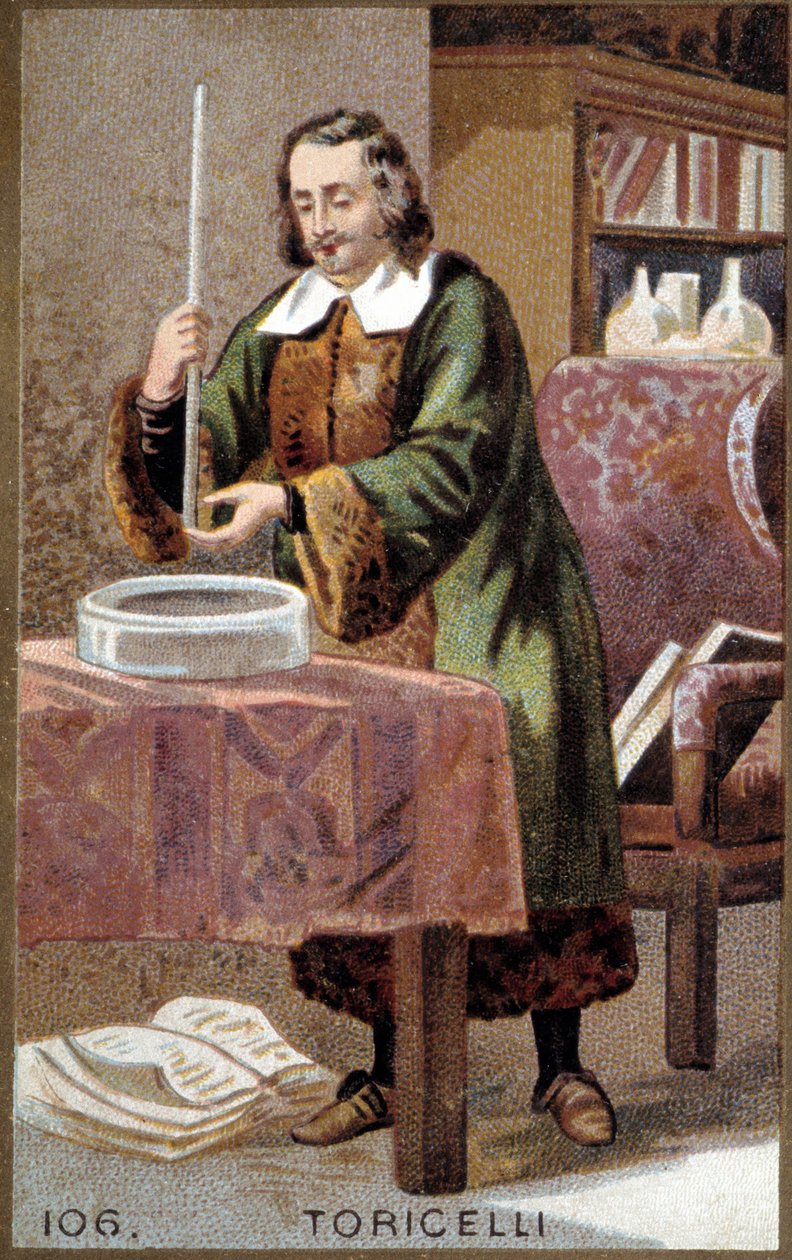 صورة لإيفانجليستا توريتشيلي أو توريتشيلي (1608-1647) ، عالم فيزياء إيطالي ، مع اختراعه: البارومتر (أنبوب الزئبق). بواسطة فنان غير معروف