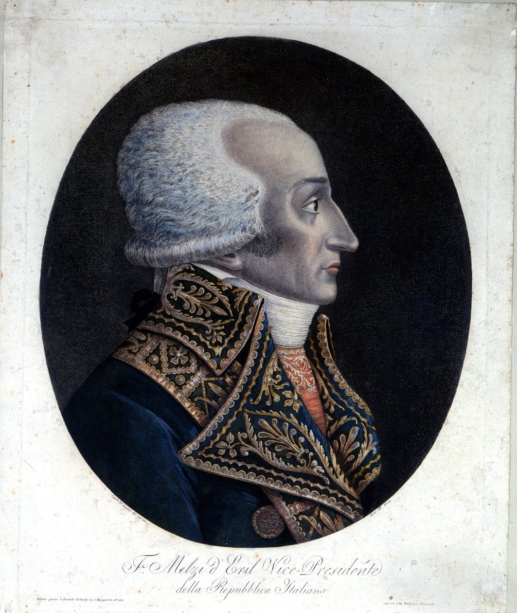 صورة لفرانشيسكو ميلزي ديريل (1753-1816) ، سياسي إيطالي ونائب رئيس الجمهورية الإيطالية عام 1802. نقش من القرن التاسع عشر بواسطة فنان غير معروف