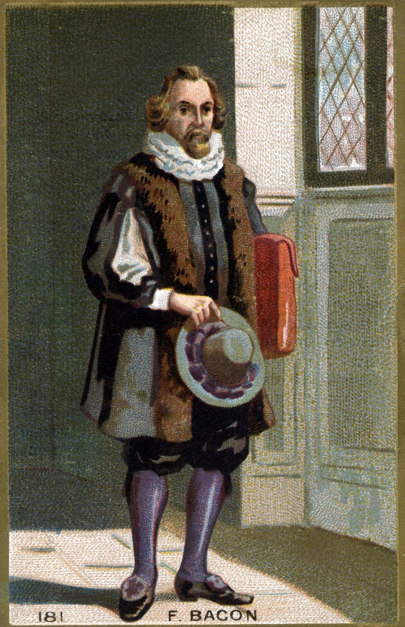 صورة لرجل الدولة والفيلسوف الإنجليزي فرانسيس بيكون بارون فيرولام (1561 - 1626). الطباعة الحجرية الملونة في القرن التاسع عشر. بواسطة فنان غير معروف