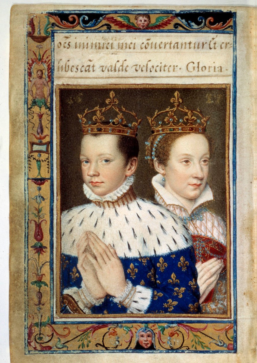 صورة لفرانسوا الثاني (1544-1560) وماري ستيوارت (1542-1587) ملك وملكة فرنسا صفحة مخطوطة من "كتاب الساعات لكاترين دي ميديسي" (كاترينا دي ميديشي) في القرن السادس عشر ، باريس ، ب. بواسطة فنان غير معروف