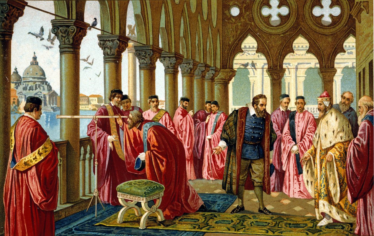تقدم صورة جاليليو جاليلي ديت جاليليو (1564 - 1642) المنظر الطويل لدوجي في قصره الدوقي في البندقية. بواسطة فنان غير معروف