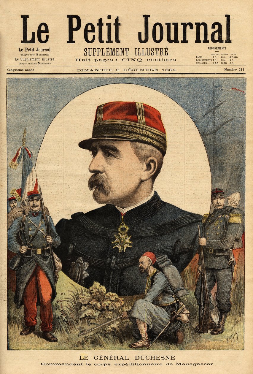 صورة للجنرال جاك تشارلز دوتشيسن (1837-1918) ، قائد القوات المسلحة التي أُرسلت إلى مدغشقر عام 1894 ، استولى على تاناناريف. نقش في "" مجلة Le Petit "" 3/12/1894. مجموعة سيلفا. بواسطة فنان غير معروف