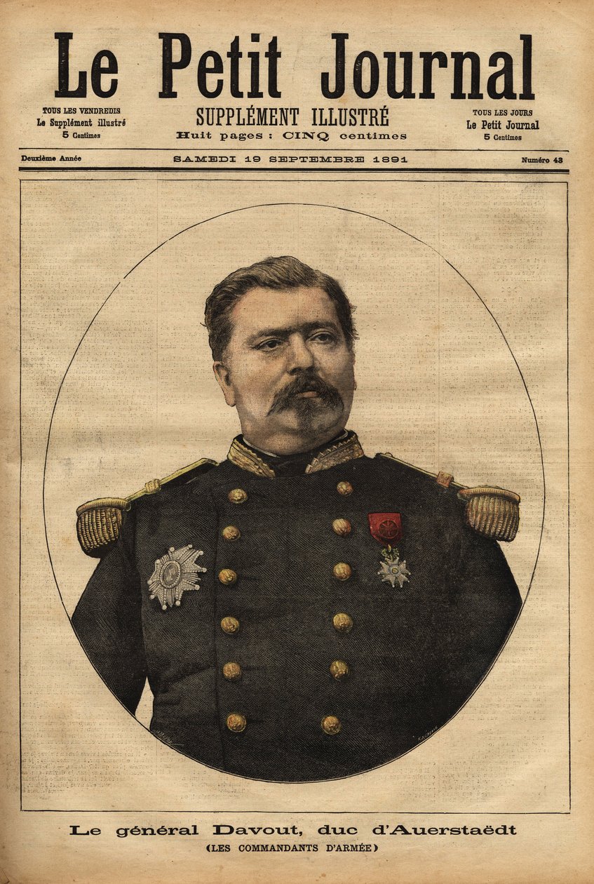 صورة للجنرال ليوبولد دافوت ، دوق أويرشتيد (1829-1904) ، رئيس أركان الجيش الفرنسي ، الذي شارك في كارثة الحرب الفرنسية البروسية (1870) لنابليون الثالث (1808-1873). نقش في "" مجلة Le petit "" 17/09/1891. سيلفا ج بواسطة فنان غير معروف