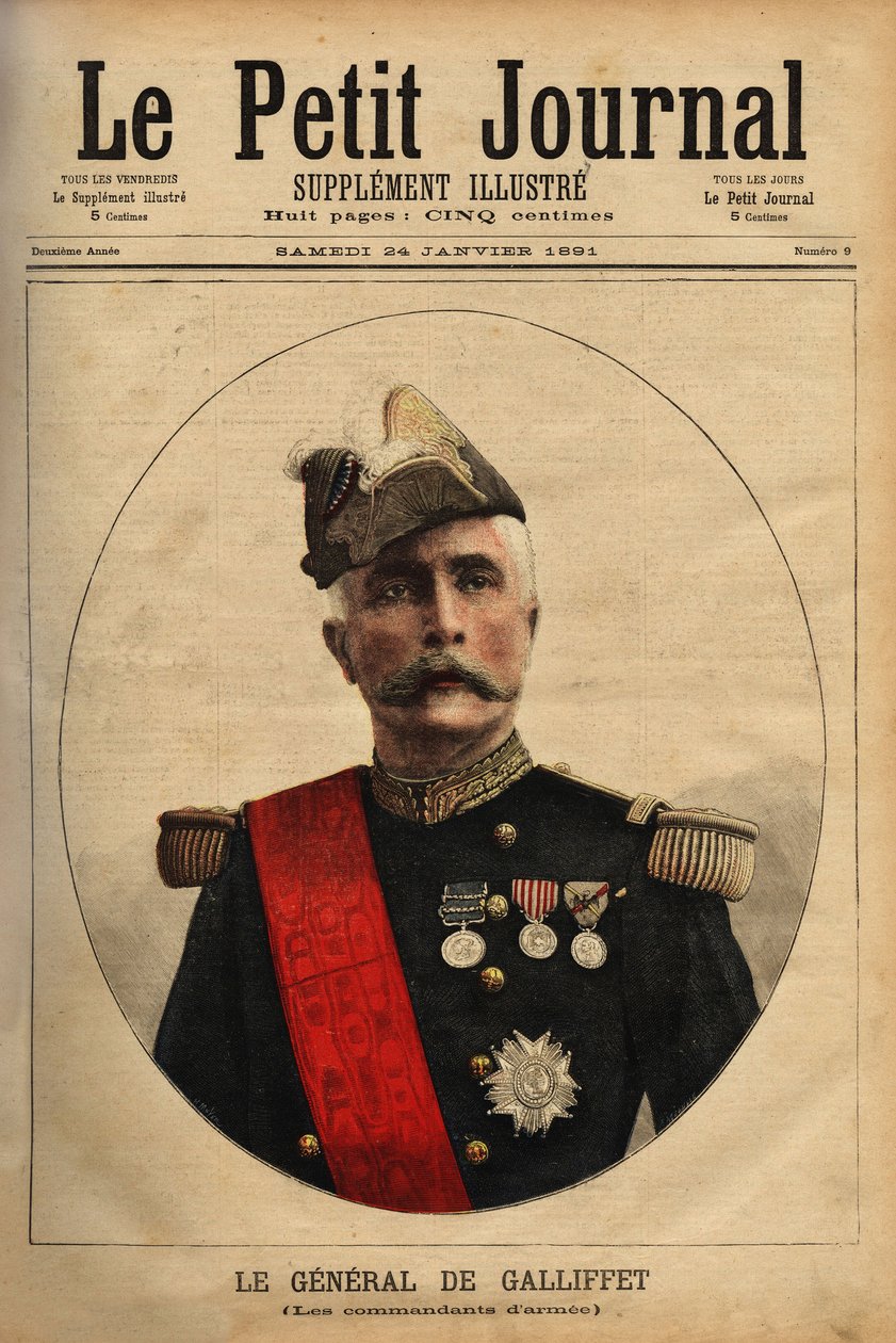 صورة للجنرال ماركيز جاستون دي جاليفت (1830-1909) ، قائد الجيش ، المرشح لرئاسة الجمهورية عام 1879 ووزير الحرب عام 1899. نقش في "" مجلة Le Petit Journal اللامعة "24/01/1891. مجموعة سيلفا. بواسطة فنان غير معروف