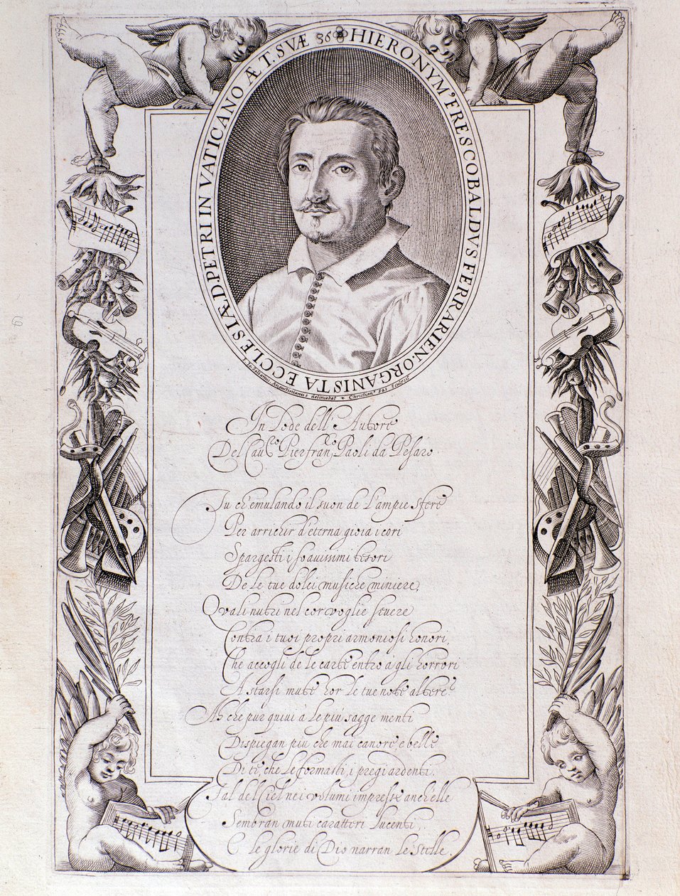 صورة لجيرولامو فريسكوالدي (1583-1643) الملحن الإيطالي نقش من واجهة كتاب "" Tocrate ". 1637. بولونيا ، متحف المتحف المدني بواسطة فنان غير معروف
