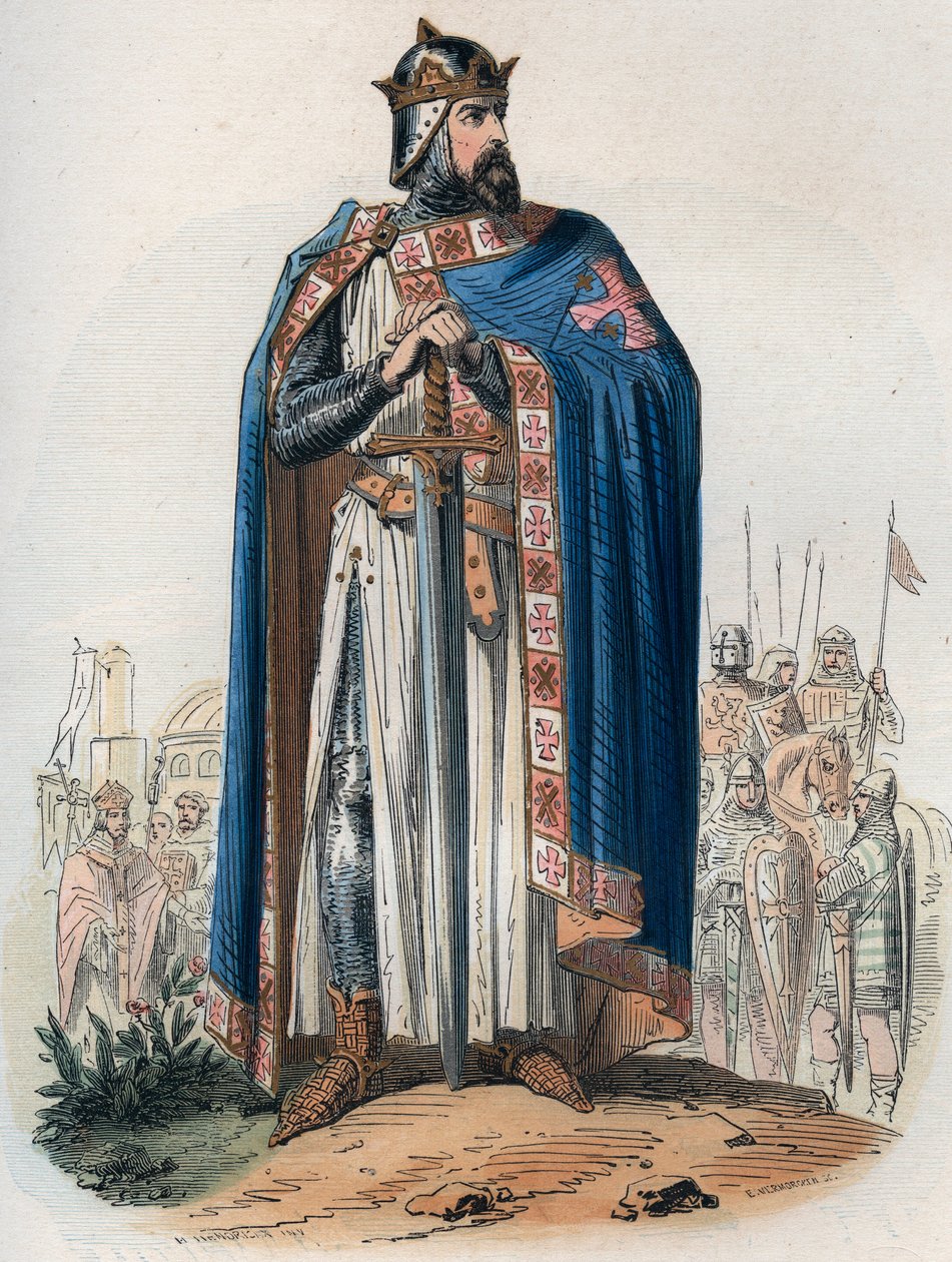 صورة لجودفروي (جودفروي) دي بوالون (1061-1100) مرتديًا بدلة متقاطعة. نقش من عام 1868 في "Histoire de Belgique من العصور البدائية حتى نهاية عهد ليوبولد الأول" بقلم ثيودور جوست (1818-1888). مجموعة خاصة. بواسطة فنان غير معروف