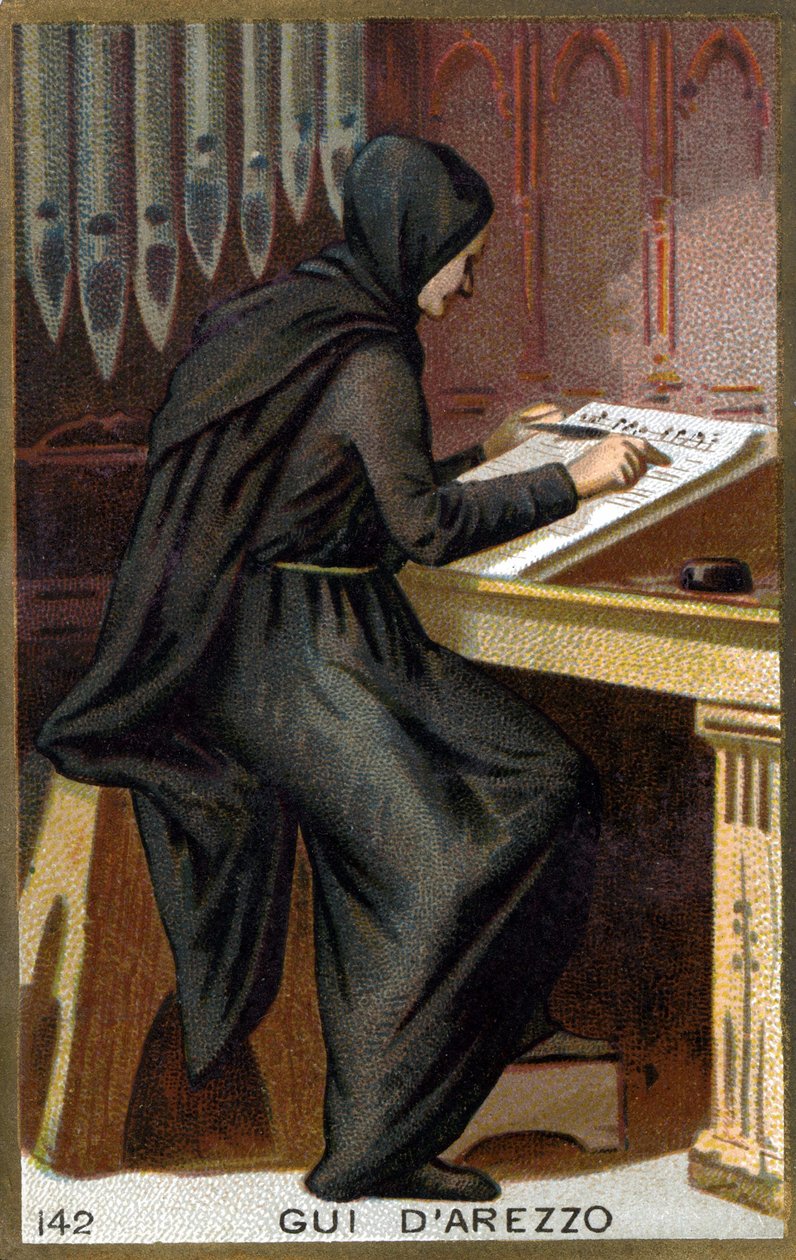 صورة ل Guido d'Arezzo (Gui or Guy d'Arezzo) ، البينديكتين الإيطالي ، ومنظر الموسيقى (990-1050) وأحد مؤسسي النطاق الموسيقي. الطباعة الحجرية الملونة في القرن التاسع عشر. بواسطة فنان غير معروف