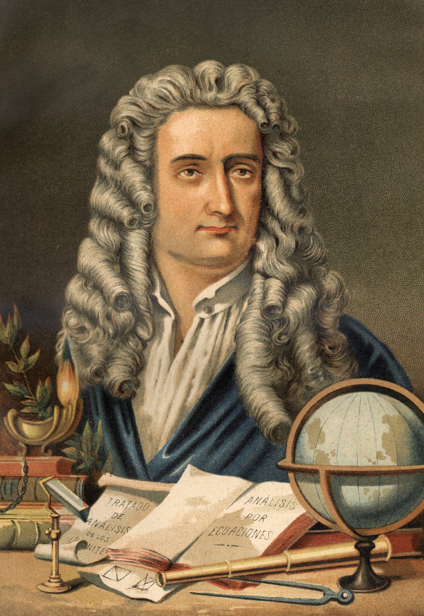 صورة لإسحاق نيوتن (1642-1727) ، عالم رياضيات ، فيزيائي وفلكي إنجليزي. من "العلم ورجاله" للويس فيغير. برشلونة 1881 بواسطة فنان غير معروف