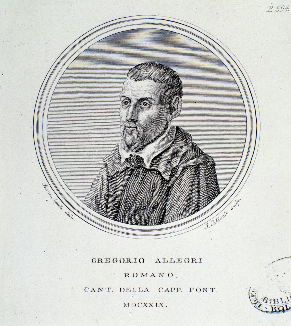 صورة للملحن الإيطالي جريجوريو أليجري (1582-1652) نقش. 1629. بولونيا ، المتحف الببليوغرافي المدني بواسطة فنان غير معروف