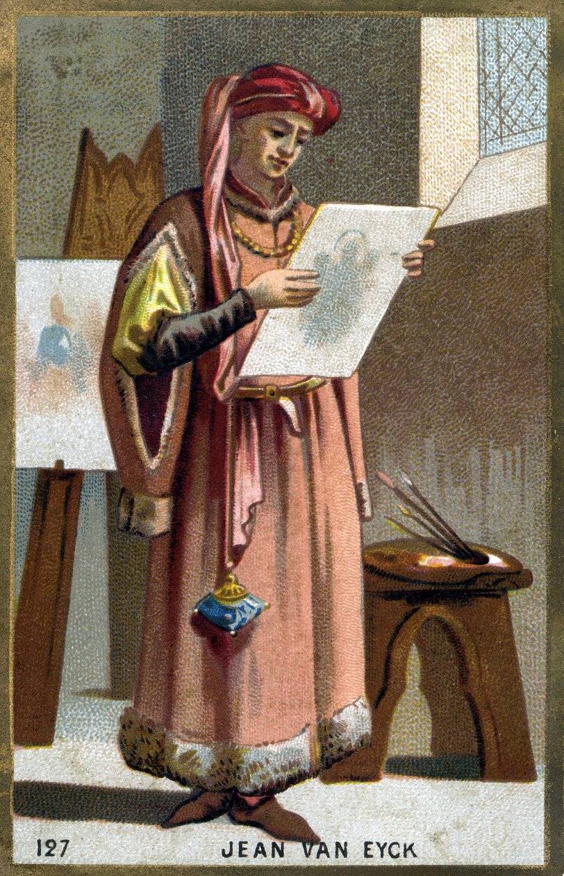 صورة جان فان إيك (1390-1441) رسام فلمنكي - غطاء رأس ليريبيون. الطباعة الحجرية الملونة في القرن التاسع عشر. بواسطة فنان غير معروف