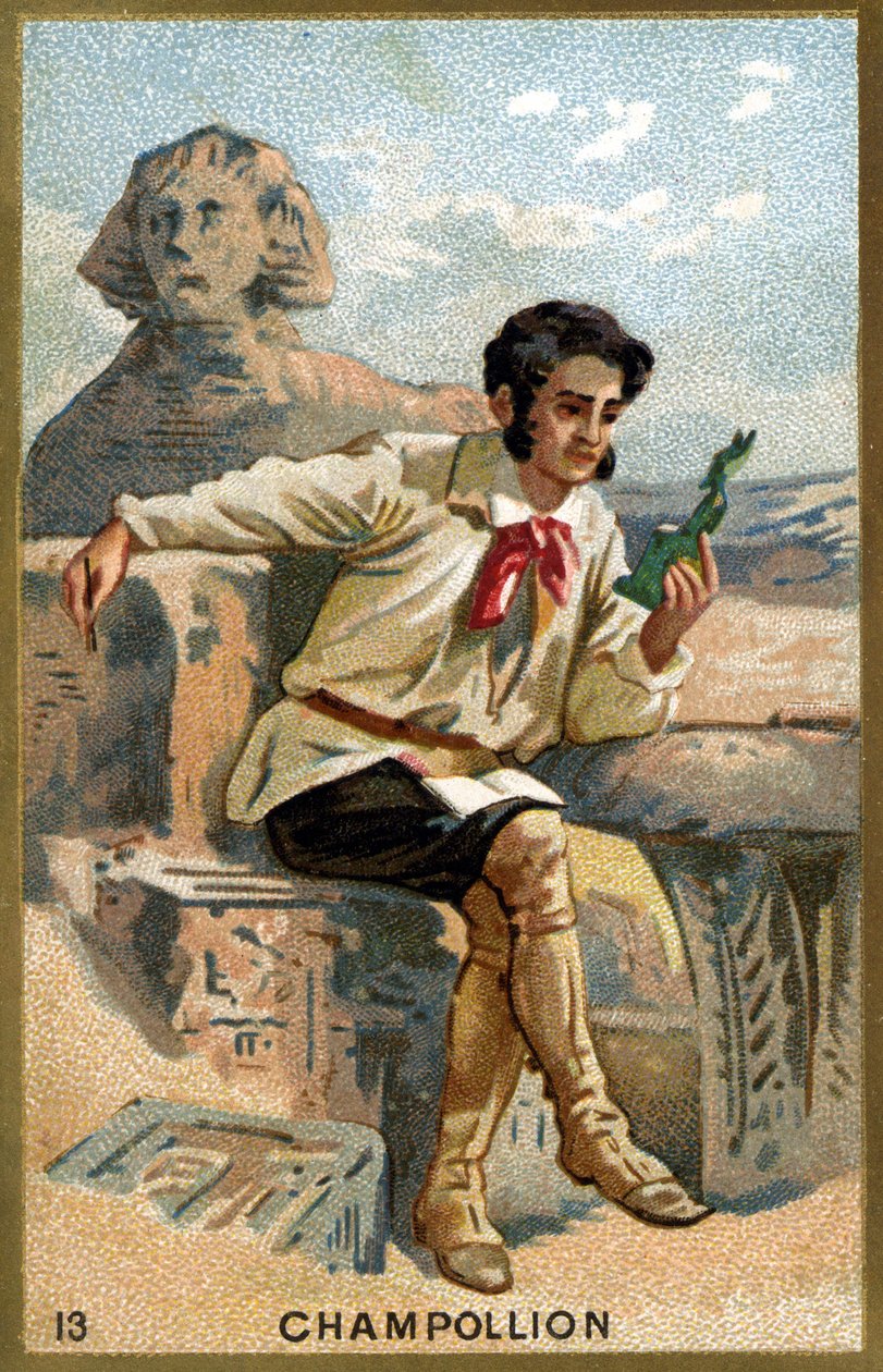 صورة جان فرانسوا (جان فرانسوا) شامبليون ، ديت لو جون (1790 - 1832) عالم المصريات الفرنسي. الطباعة الحجرية الملونة في القرن التاسع عشر. بواسطة فنان غير معروف