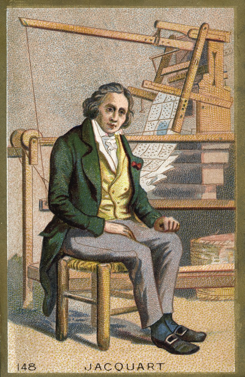 صورة لجوزيف ماري جاكار (1752-1834) ، ميكانيكي فرنسي أمام نول آلي. بواسطة فنان غير معروف