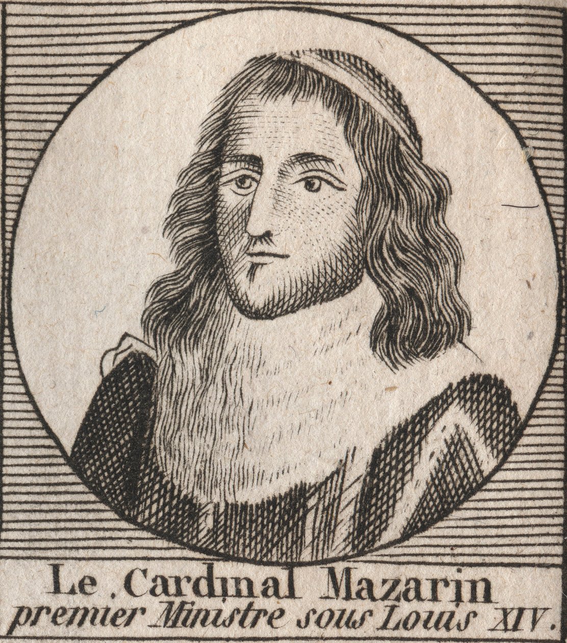 صورة لجول مازارين (1602-1661) ، المعروف باسم الكاردينال مازارين ، رئيس الوزراء في عهد لويس الرابع عشر - عمل الكاردينال مازارين كرئيس وزراء لويس الرابع عشر - نقش من "Instruction sur l'Histoire de France" "لتشارلز كونستانت لو تيلير 1821 بواسطة فنان غير معروف
