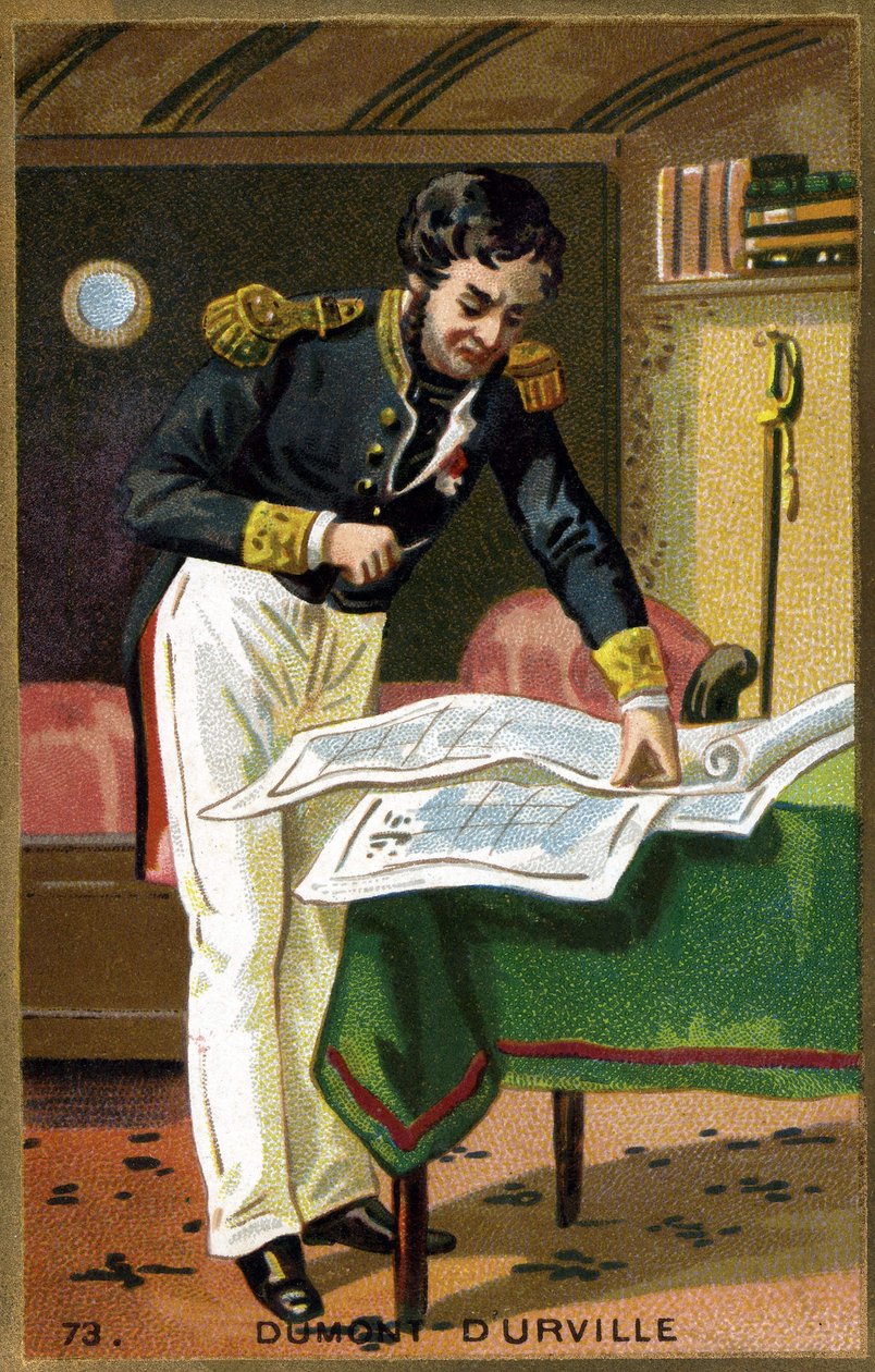 صورة لجول سيباستيان سيزار دومون دورفيل (1790 - 1842) ملاح فرنسي. الطباعة الحجرية الملونة في القرن التاسع عشر. بواسطة فنان غير معروف