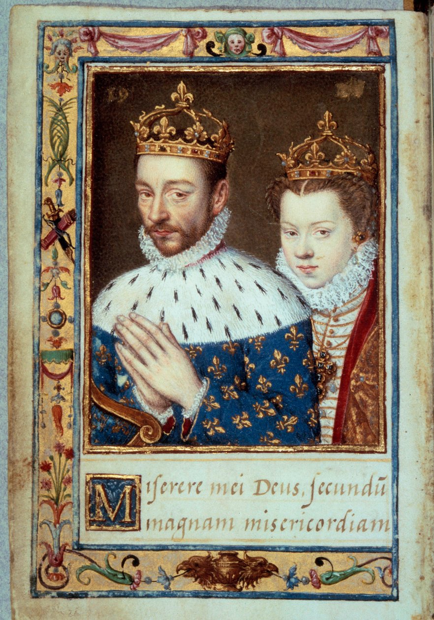صورة شخصية للملك تشارلز التاسع (1550-1574) وإليزابيث من النمسا (1554-1592) صفحة مخطوطة ملكة فرنسا لـ "كتاب الصلوات لكاثرين دي ميديسي" (كاترينا دي ميديشي) في القرن السادس عشر ، باريس ، ب. بواسطة فنان غير معروف