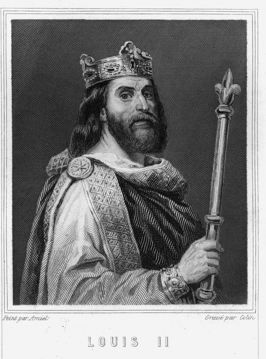 صورة لويس الثاني بيج أو الفاينيان (846 - 879) ، ملك فرنسا - في "Histoire des Français" للافالي ، نقش ، sd. بواسطة فنان غير معروف