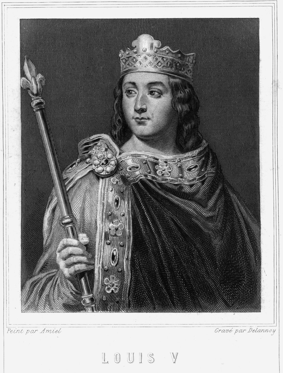 صورة لويس الخامس لو فاينيان (967-987) ، ملك فرنسا - في "Histoire des Français" للافالي ، نقش ، بدون تاريخ. بواسطة فنان غير معروف