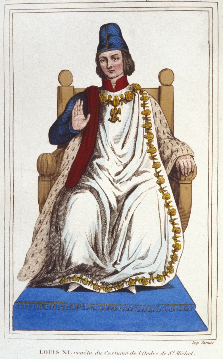 صورة لويس الحادي عشر في زي وسام القديس ميشيل (1423-1483). نقش من عام 1830 بواسطة فنان غير معروف