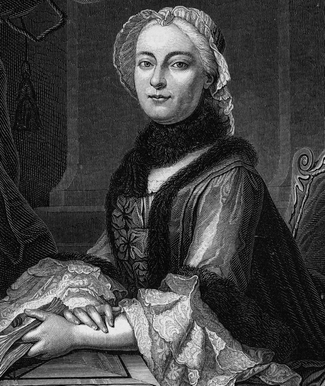 صورة مدام جيفرين ، ني ماري تيريز (ماري تيريز) روديت (1699-1777) - نقش عام 1862 في "ملكات العالم" لكتابنا الأوائل ، كتاب نُشر تحت إشراف جان جيرمان ديزاير أرماندود بواسطة فنان غير معروف