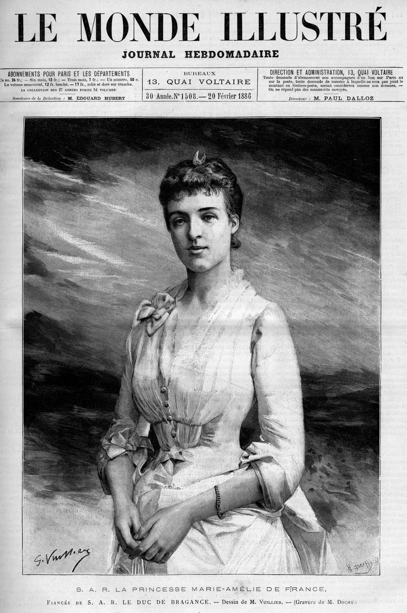 صورة لماري أميلي دورليانز ، أميرة فرنسا (1865-1951) وملكة البرتغال عن طريق الزواج من دوق التفاخر الذي أصبح الملك تشارلز الأول ملك البرتغال (1863-1908). نقش في "" Le Monde اللامع "" بواسطة فنان غير معروف