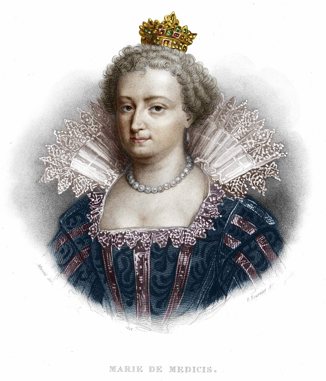 صورة لمريم ميديشي (1573 - 1642) ، زوجة هنري الرابع وأم لويس الثالث عشر. نقش من عام 1836 بواسطة فنان غير معروف