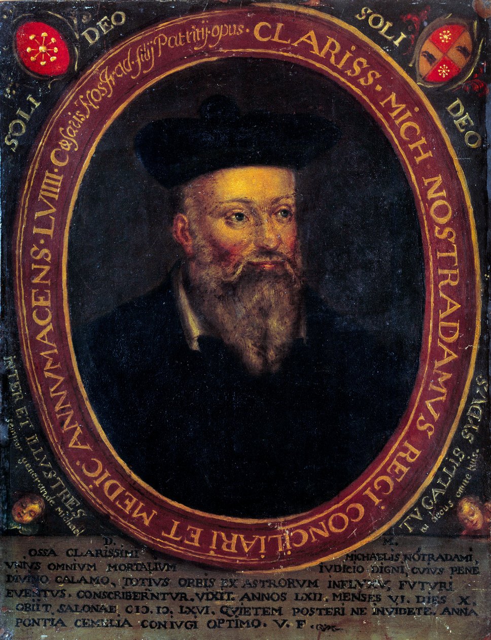 صورة لنوستراداموس ميشيل دي نوتردام (1503 - 1566) عالم المنجم والطبيب الفرنسي. النقش على النحاس بواسطة فنان غير معروف