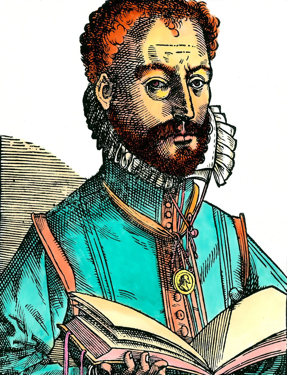 صورة لأورلندوس لاسوس (1531-1594) موسيقي من المدرسة الفرنسية البلجيكية يحمل كتابًا مفتوحًا (الصفحات البيضاء). نقش القرن السادس عشر. كول. هيا. بواسطة فنان غير معروف