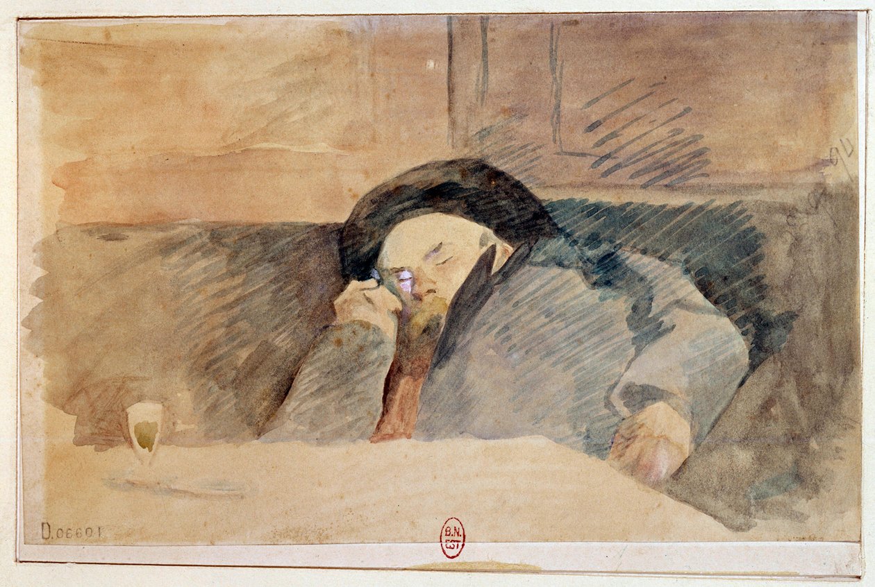 صورة لبول فيرلين (1844-1896) ، شاعر فرنسي ، نائم في مقهى Procope في باريس. لوحة مائية من القرن التاسع عشر. باريس ، ب. بواسطة فنان غير معروف