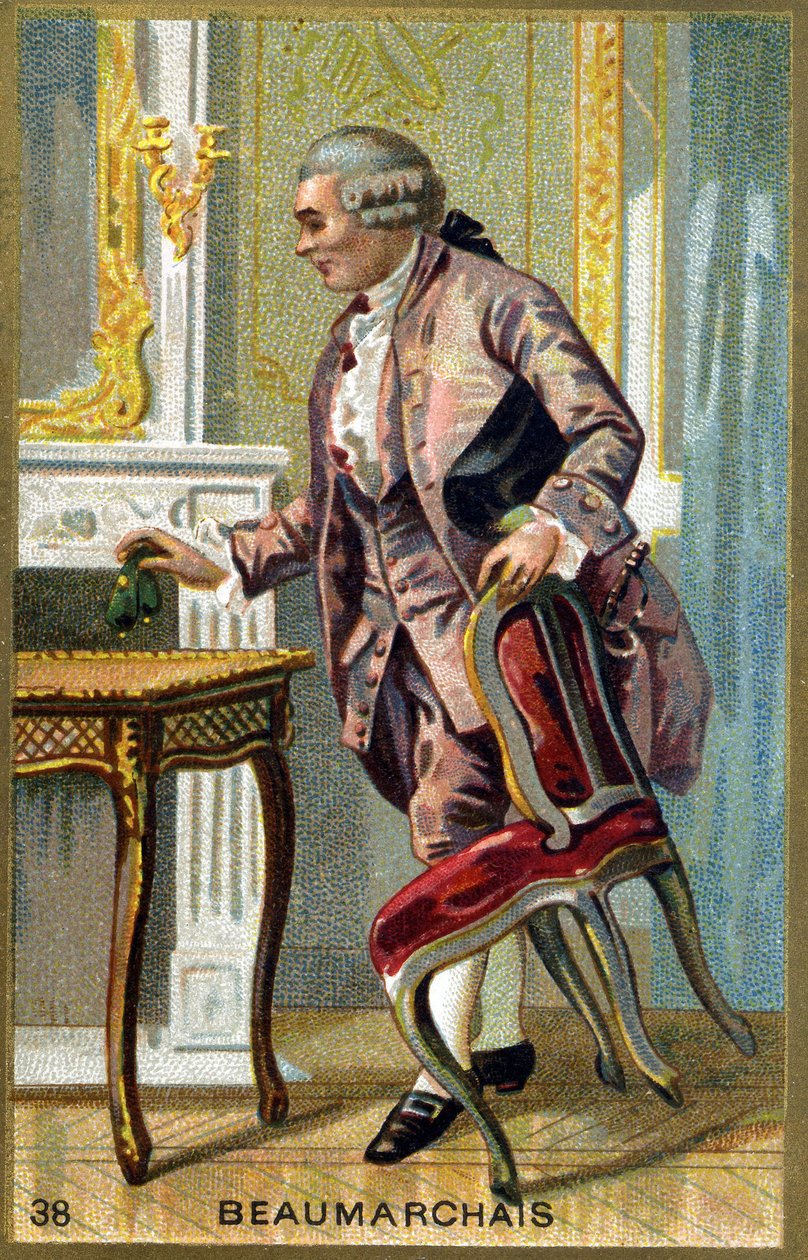 صورة شخصية لبيير أوغستين كارون دي بومارشيه (1732 - 1799) الكاتب والكاتب المسرحي الفرنسي. الطباعة الحجرية الملونة في القرن التاسع عشر. بواسطة فنان غير معروف