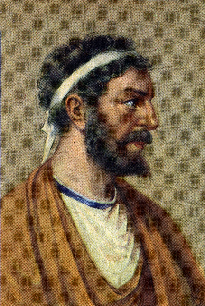 صورة فيثاغورس، فيلسوف وعالم رياضيات وعالم يوناني (560-480 ق.م) فيثاغورس (بيتاغورا) (حوالي 560 - 480 ق.م)، فيلسوف وعالم يوناني. الرياضيات. بواسطة فنان غير معروف