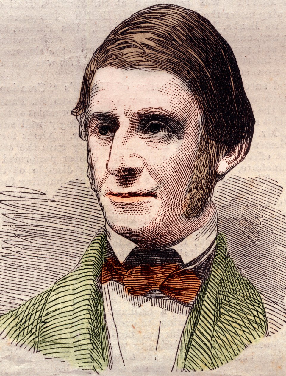 صورة لرالف والدو إمرسون (1803-1882) ، كاتب مقالات ، فيلسوف ، شاعر أمريكي. نقش في "" أخبار لندن المصورة "بتاريخ ٢٠ مارس ١٨٥٨. بواسطة فنان غير معروف