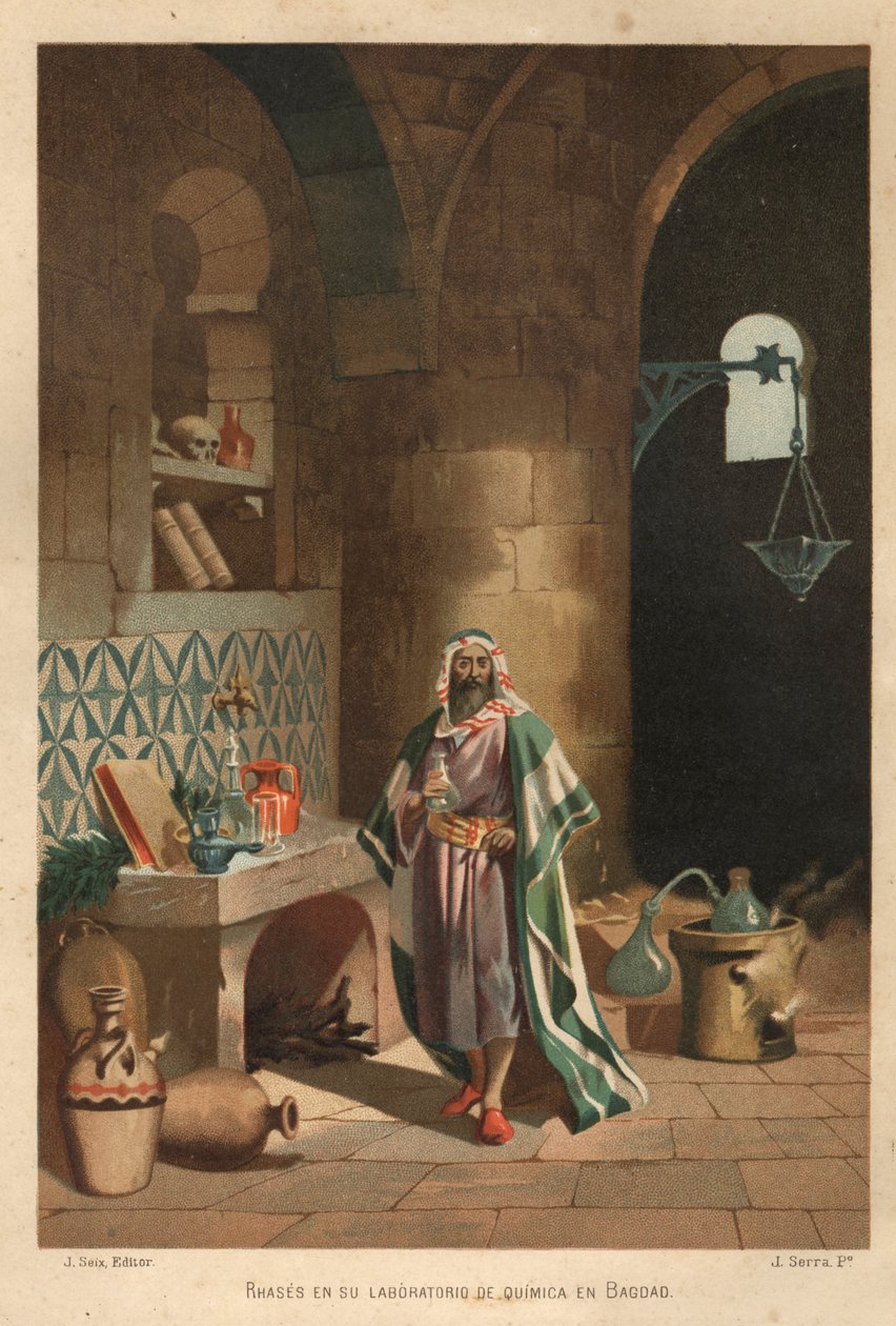 صورة للعالم الفارسي راسيس (الرازي ، الرازي ، الرازي ، الرازي ، الراس) (840-923) في معمله في بغداد. برشلونة 1881 بواسطة فنان غير معروف