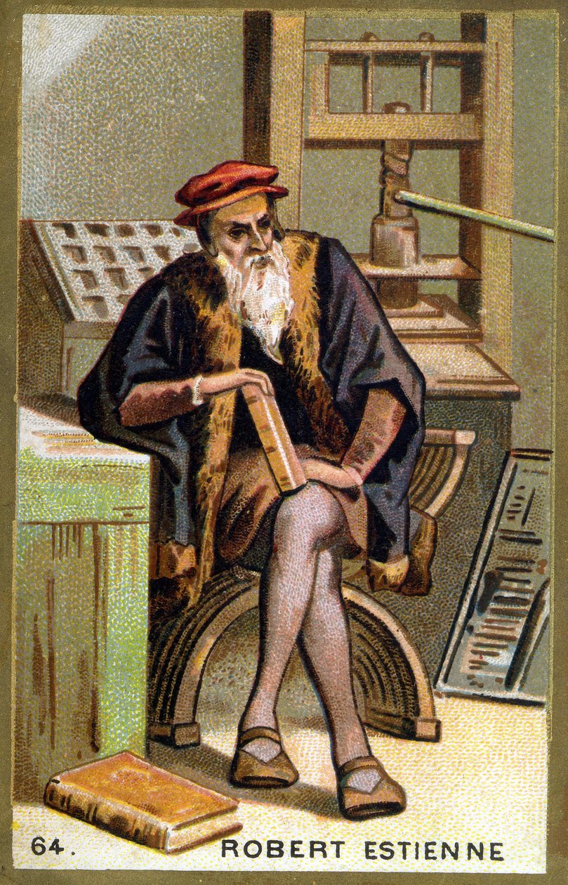 صورة لروبرت الأول إستيان (1498 - 1559) عالم إنساني وناشر وطابعة. الطباعة الحجرية الملونة في القرن التاسع عشر. بواسطة فنان غير معروف