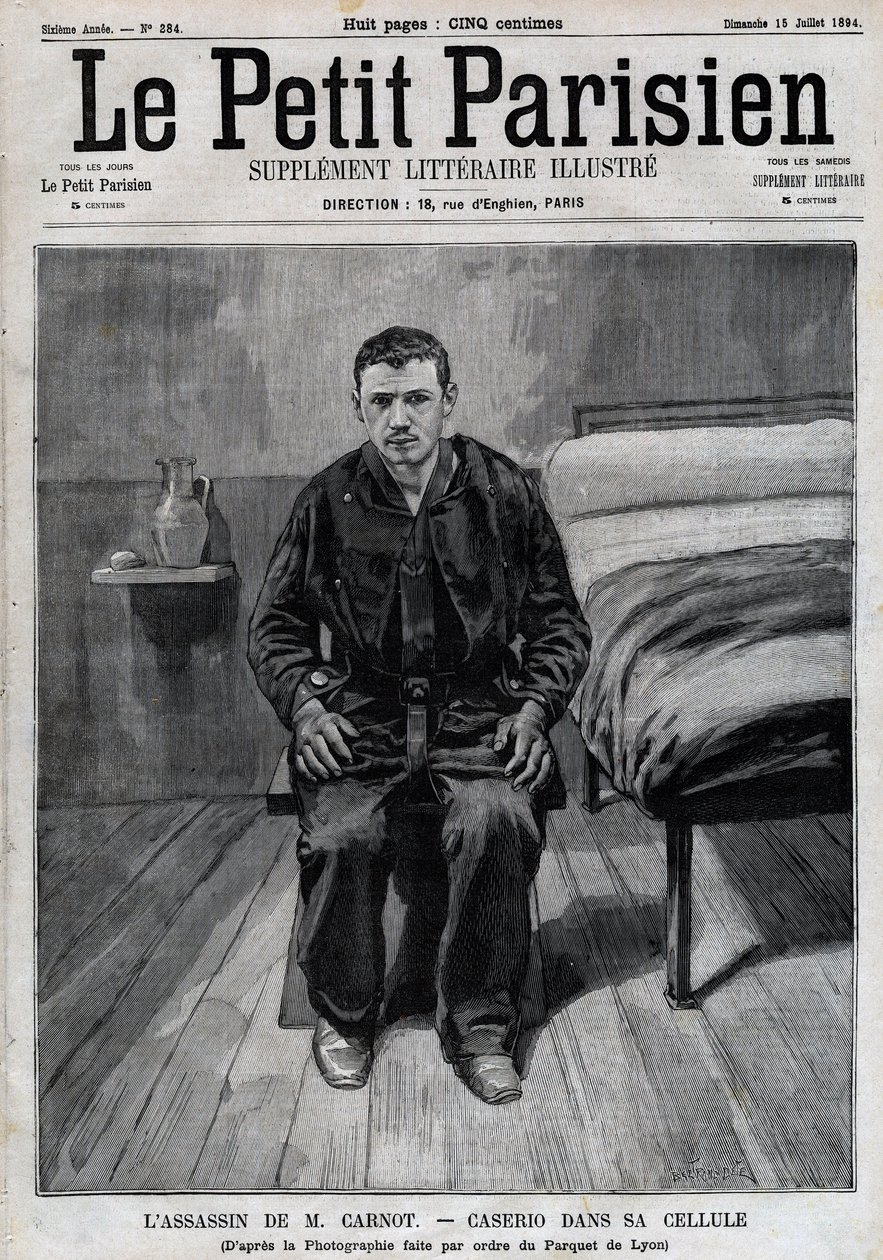 صورة سانتي كاسيريو (1873-1894) الأناركي الإيطالي ، قاتل سعدي كارنو ، في السجن. نقش في "" Le Parisien "" بواسطة فنان غير معروف