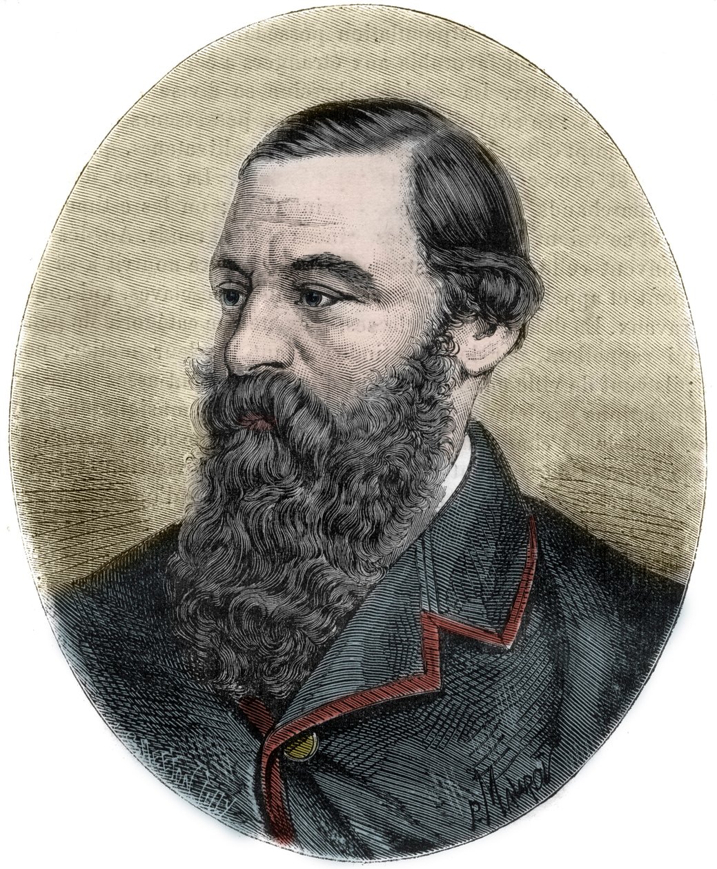 صورة شخصية للسير صموئيل بيكر (1821-1893) نقش من "" Histoire des Grands voyages في القرن التاسع عشر "" ". 1877 بواسطة فنان غير معروف