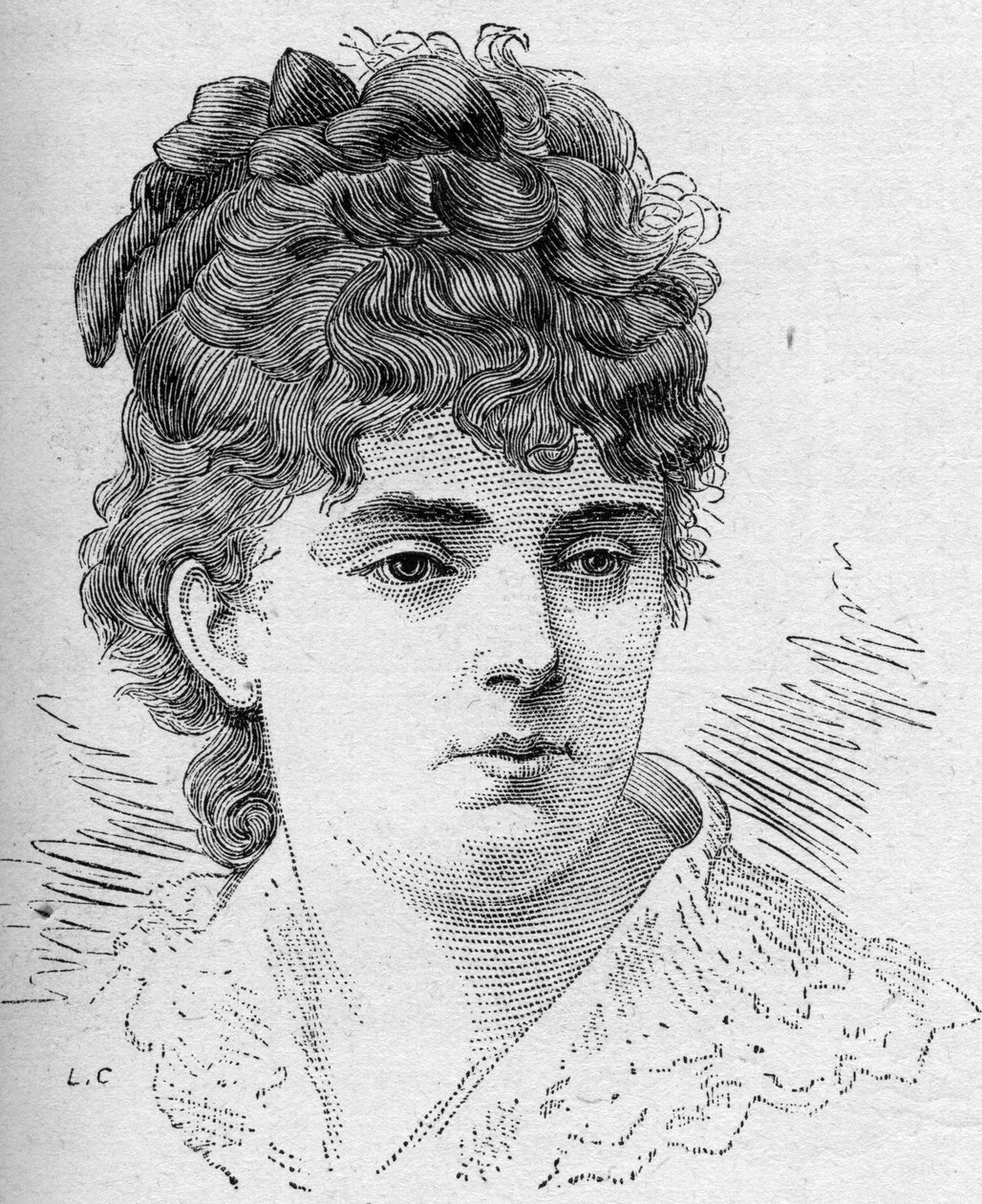 صورة لصوفي كرويزيت ، الممثلة الكوميدية الفرنسية ، عضوة الكوميديا الفرنسية من 1868 إلى 1882. نقش في "" Le Monde Illustré "" رقم 1168 بتاريخ 16 أغسطس بواسطة فنان غير معروف