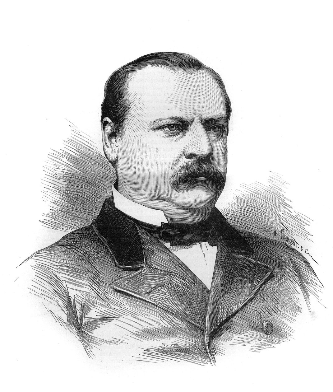 صورة لستيفن جروفر كليفلاند (1837-1908) صممها مندوبو الولايات لرئاسة الجمهورية الأمريكية. نقش في "" Le Monde Illustré "" بواسطة فنان غير معروف